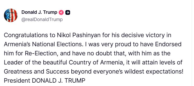 Трамп поздравил Пашиняна с победой на парламентских выборах в Армении